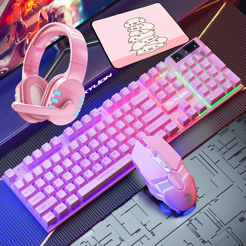 Kit 4 em 1 para Gamers: Teclado com Fio, Mouse, Headset e Mousepad, todos com Iluminação RGB