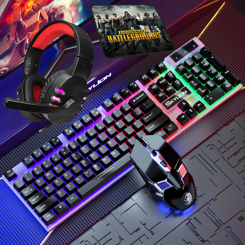 Kit 4 em 1 para Gamers: Teclado com Fio, Mouse, Headset e Mousepad, todos com Iluminação RGB