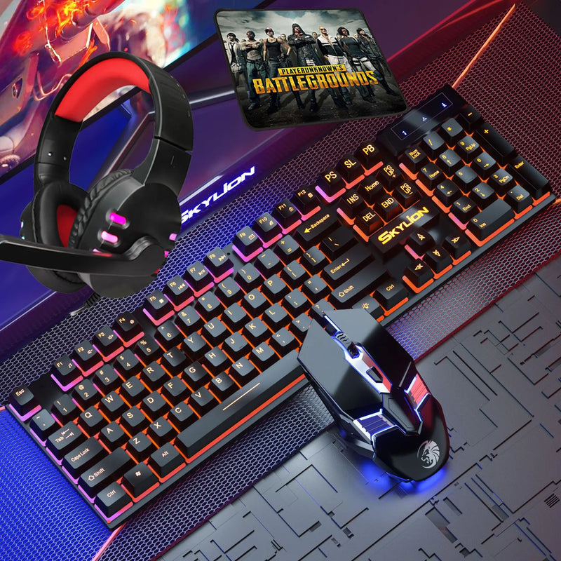 Kit 4 em 1 para Gamers: Teclado com Fio, Mouse, Headset e Mousepad, todos com Iluminação RGB