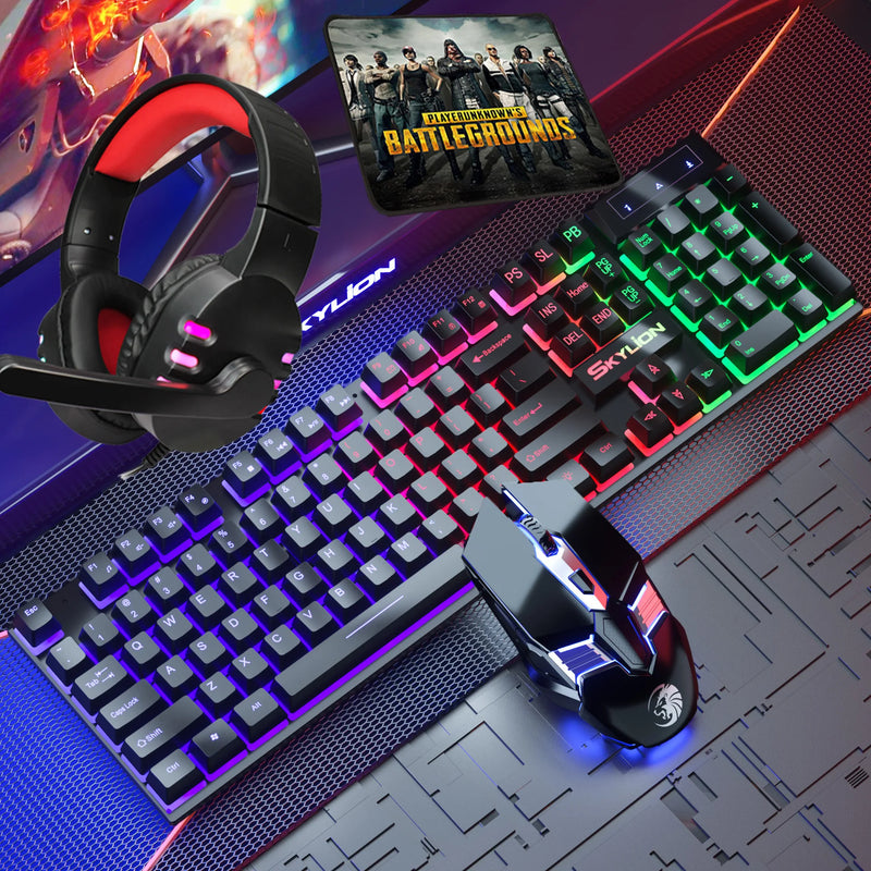 Kit 4 em 1 para Gamers: Teclado com Fio, Mouse, Headset e Mousepad, todos com Iluminação RGB