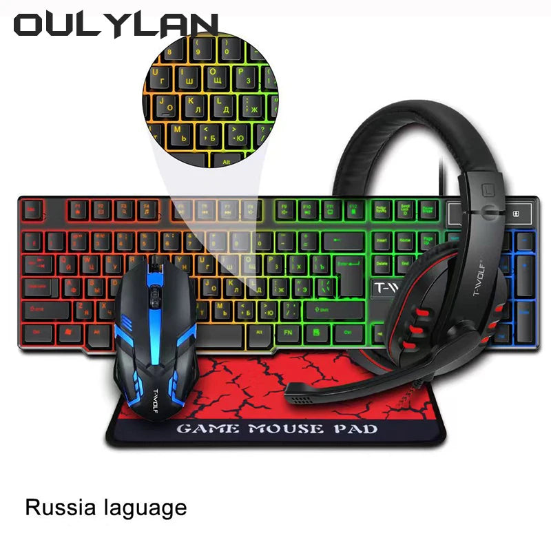 Conjunto Oulylan T-WOLF 4 em 1: Teclado, Mouse, Headset, Mouse Pad – Acessórios para Computador com Iluminação