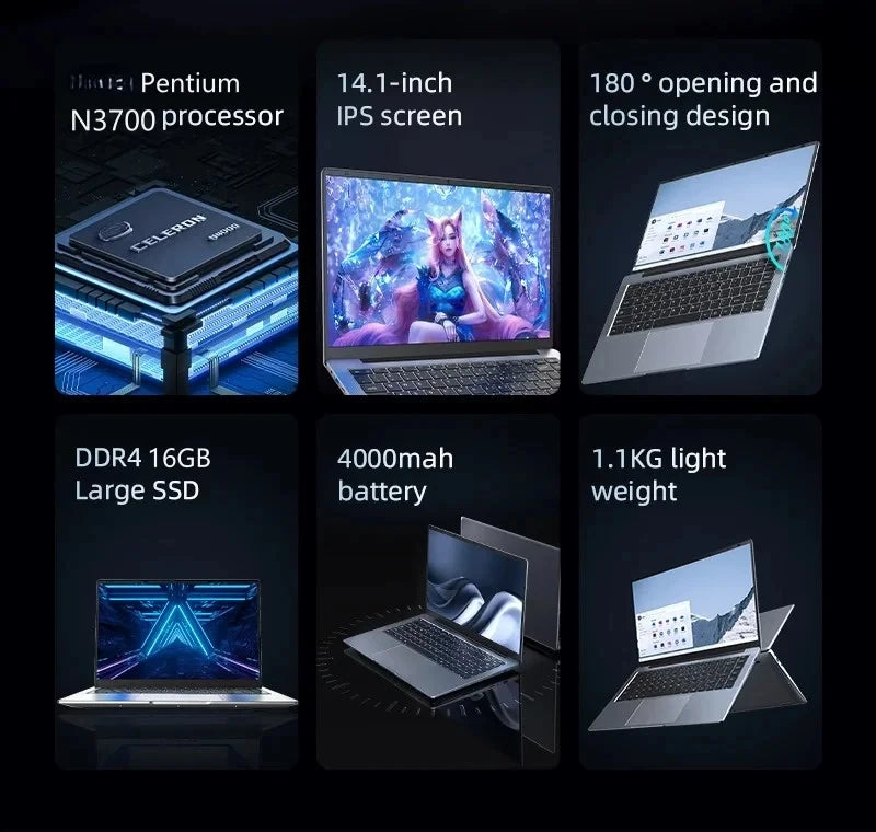 Novo Notebook 2024, Windows 11 Pro, 14.1", Intel N3700, 16GB RAM, 1TB SSD, Ultra Fino para Escritório e Estudos.