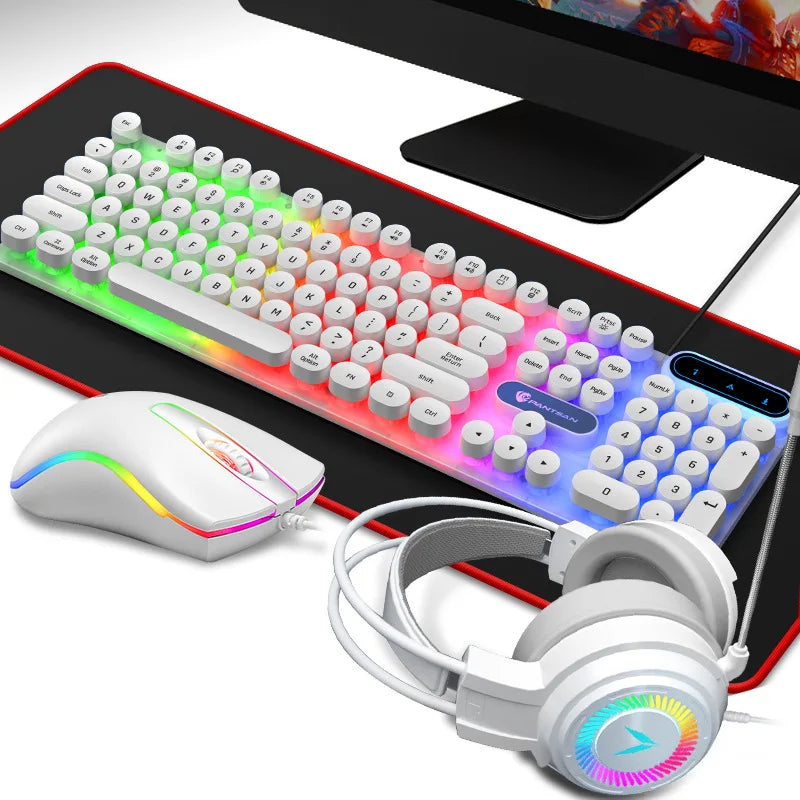 Combo 4 em 1 E-sports para Gamers: Teclado, Mouse, Headset e Mousepad, com Conexão USB com Fio e Iluminação RGB LED. Ideal para PC Gamer.