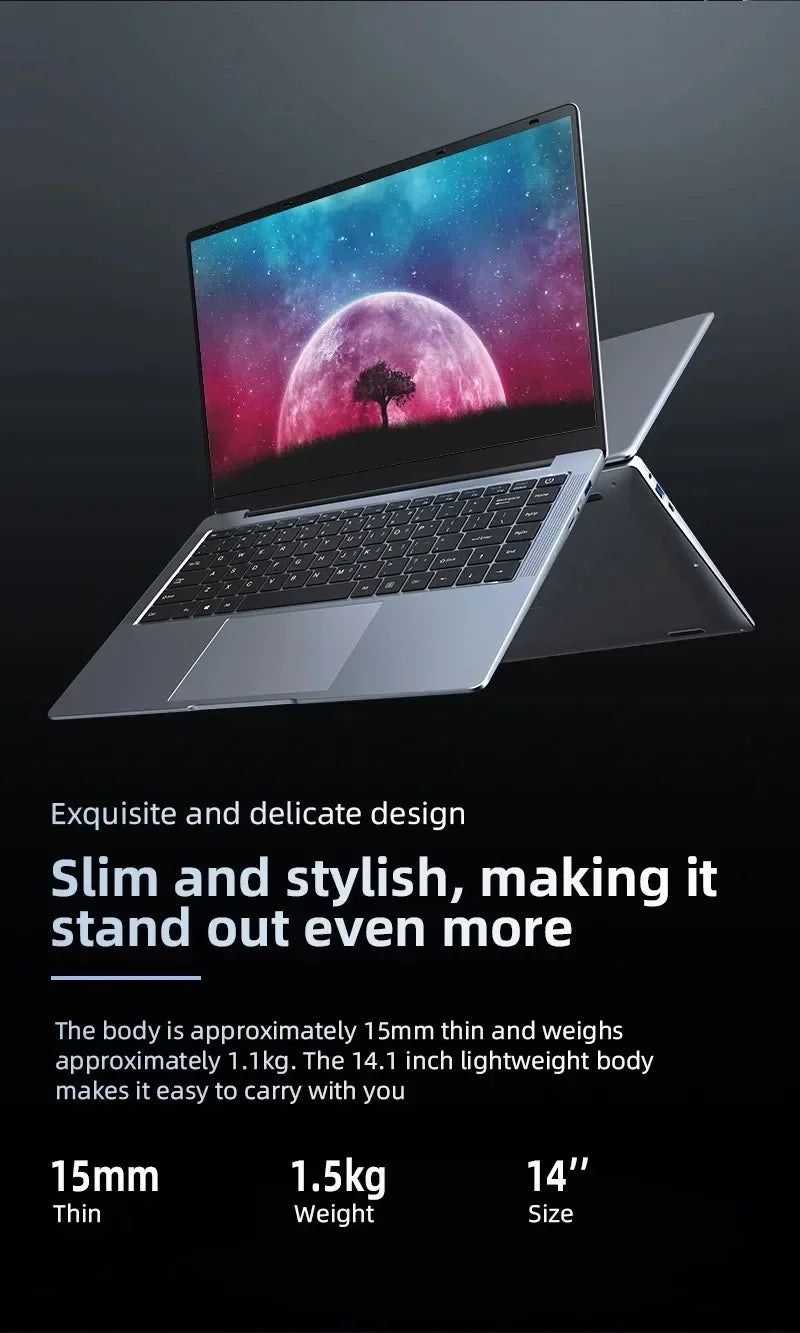 Novo Notebook 2024, Windows 11 Pro, 14.1", Intel N3700, 16GB RAM, 1TB SSD, Ultra Fino para Escritório e Estudos.