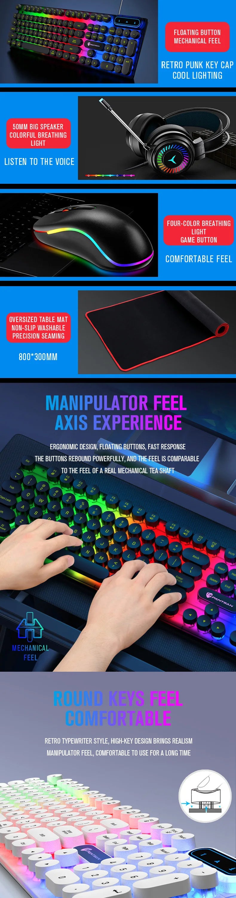 Combo 4 em 1 E-sports para Gamers: Teclado, Mouse, Headset e Mousepad, com Conexão USB com Fio e Iluminação RGB LED. Ideal para PC Gamer.