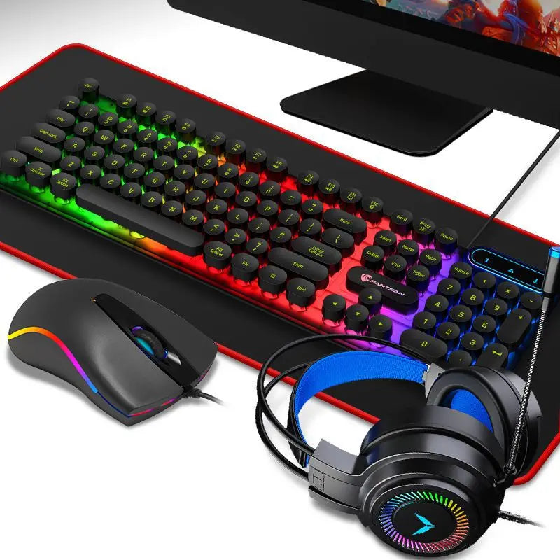 Combo 4 em 1 E-sports para Gamers: Teclado, Mouse, Headset e Mousepad, com Conexão USB com Fio e Iluminação RGB LED. Ideal para PC Gamer.