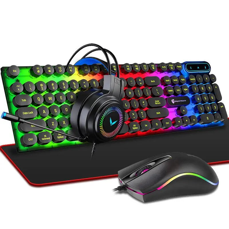 Combo 4 em 1 E-sports para Gamers: Teclado, Mouse, Headset e Mousepad, com Conexão USB com Fio e Iluminação RGB LED. Ideal para PC Gamer.