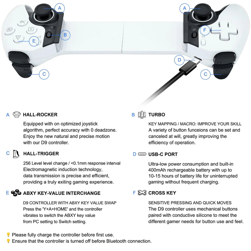 Novo Controle de Jogo Móvel D9 - Sem Fio Bluetooth para PC, Tablet, Switch, PS3 e PS4 com Controle Somatossensorial Dual Hall