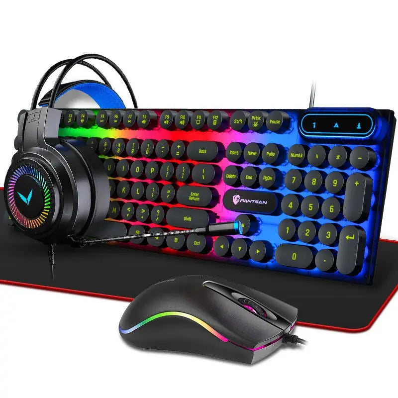 Combo 4 em 1 E-sports para Gamers: Teclado, Mouse, Headset e Mousepad, com Conexão USB com Fio e Iluminação RGB LED. Ideal para PC Gamer.