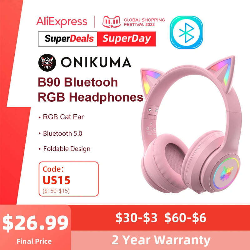 ONIKUMA B90 Fone Bluetooth com Orelhas de Gato RGB