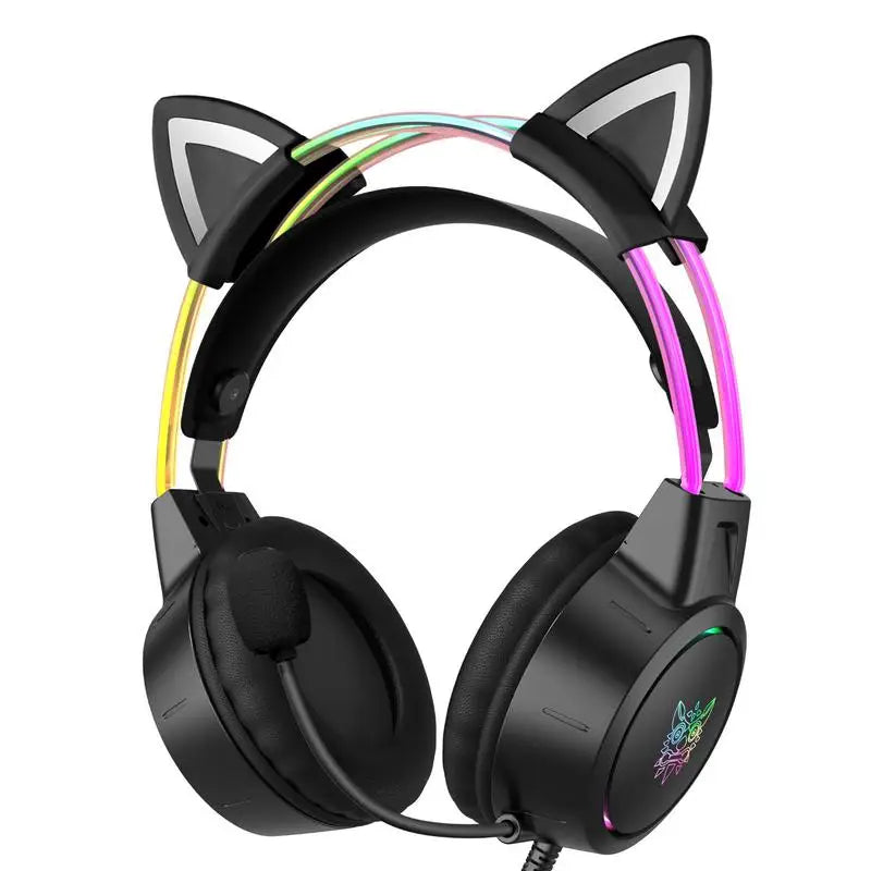 Headphones com orelhas de gato, luzes coloridas e microfone. Ideal para PC e Xbox.