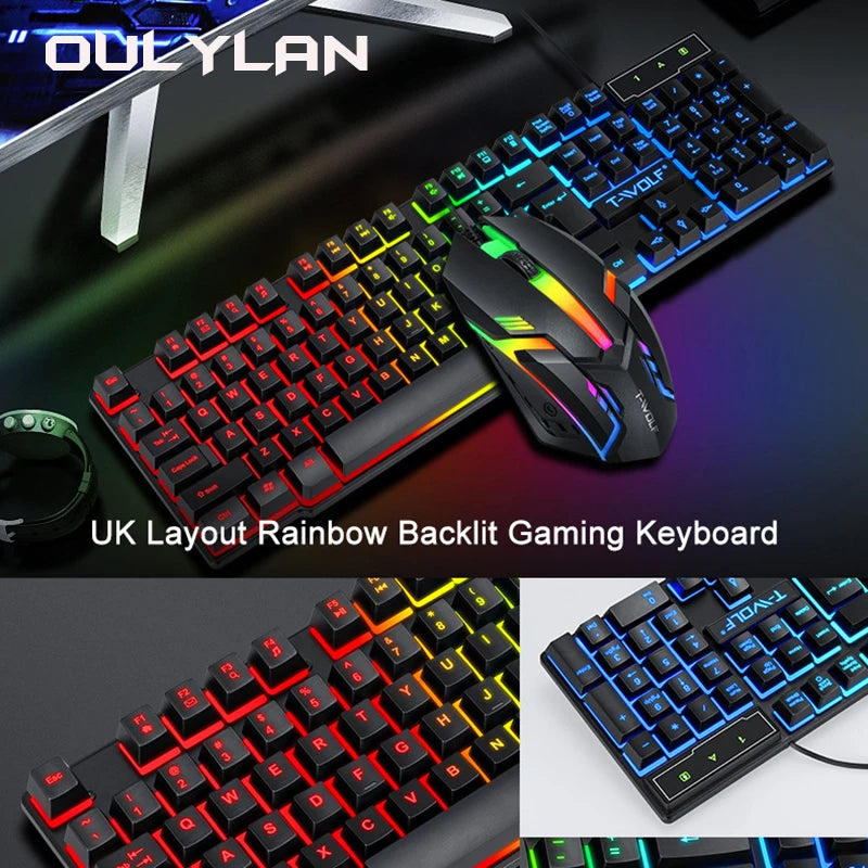 Conjunto Oulylan T-WOLF 4 em 1: Teclado, Mouse, Headset, Mouse Pad – Acessórios para Computador com Iluminação