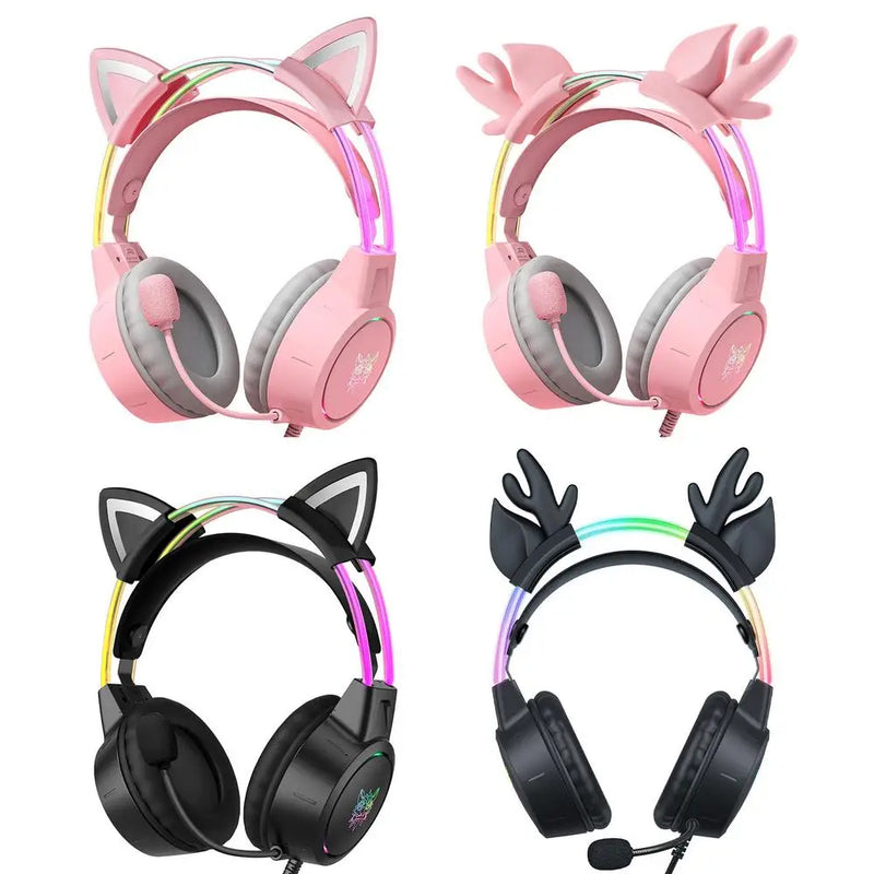 Headphones com orelhas de gato, luzes coloridas e microfone. Ideal para PC e Xbox.