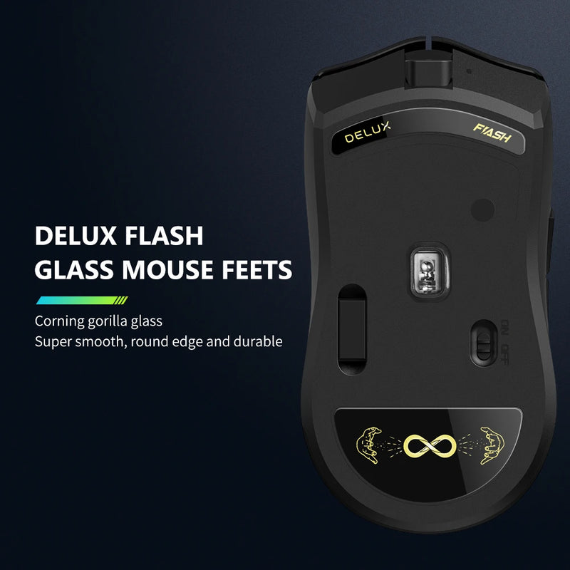 Mouse Gamer Sem Fio Delux M800 PRO PAW3395: Conexão Tri-Mode (Bluetooth e Wireless), 26.000 DPI