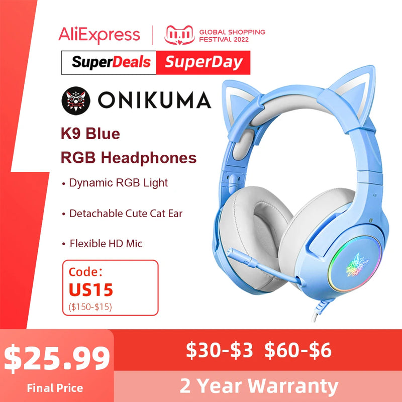 ONIKUMA K9 Azul Gaming Headset com Luz RGB e Microfone Retrátil, Headset Gamer para PC