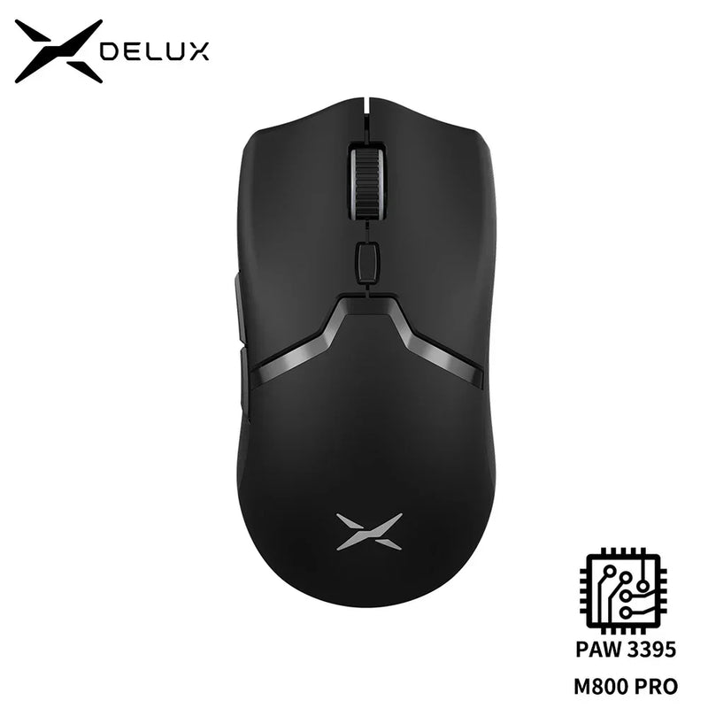 Mouse Gamer Sem Fio Delux M800 PRO PAW3395: Conexão Tri-Mode (Bluetooth e Wireless), 26.000 DPI