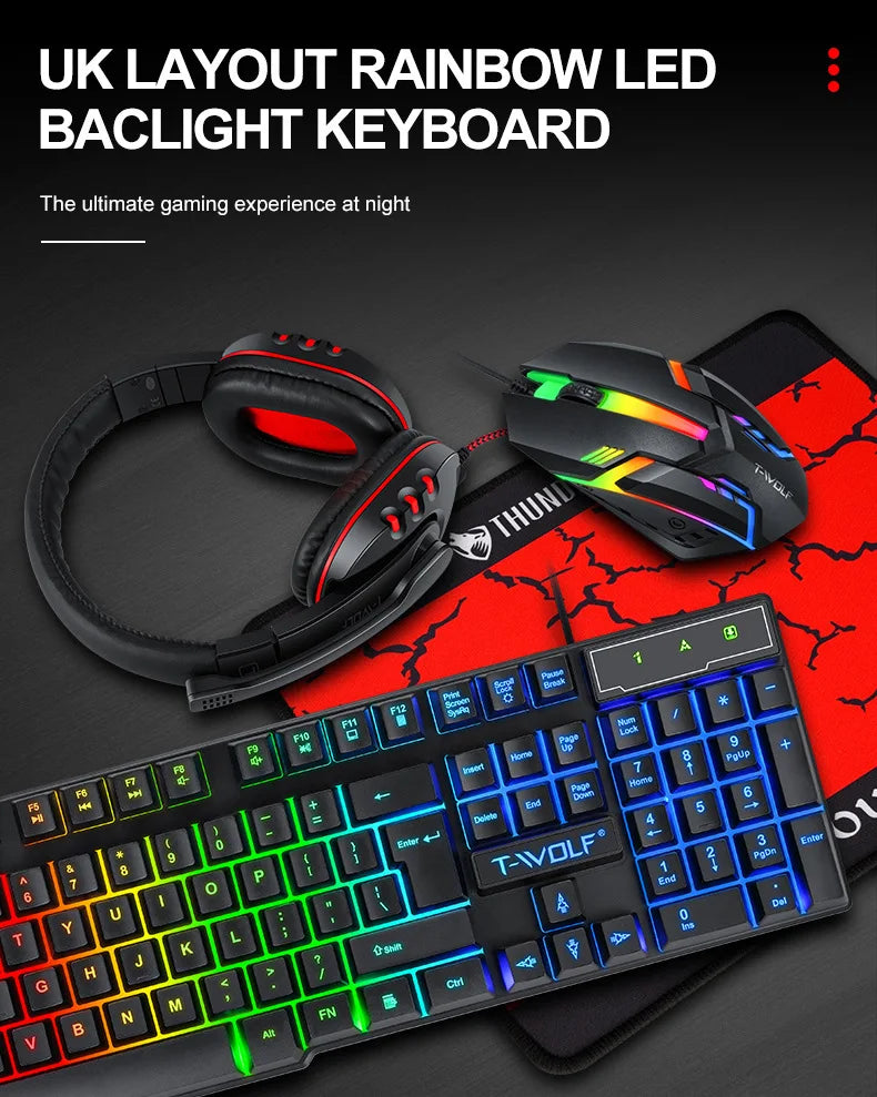 Conjunto Oulylan T-WOLF 4 em 1: Teclado, Mouse, Headset, Mouse Pad – Acessórios para Computador com Iluminação