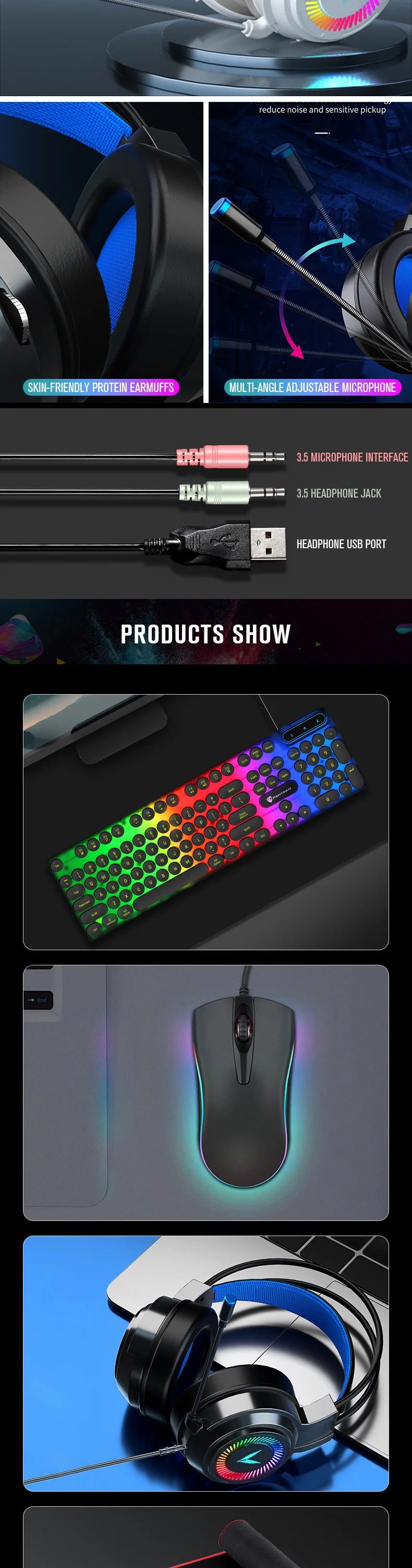 Combo 4 em 1 E-sports para Gamers: Teclado, Mouse, Headset e Mousepad, com Conexão USB com Fio e Iluminação RGB LED. Ideal para PC Gamer.