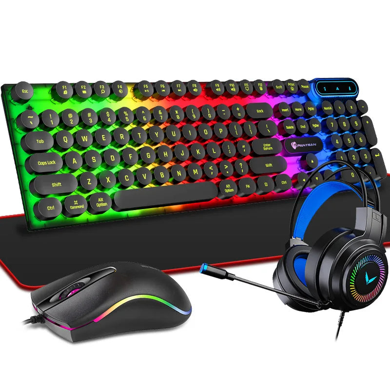 Combo 4 em 1 E-sports para Gamers: Teclado, Mouse, Headset e Mousepad, com Conexão USB com Fio e Iluminação RGB LED. Ideal para PC Gamer.