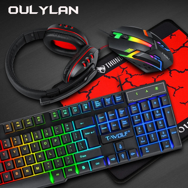 Conjunto Oulylan T-WOLF 4 em 1: Teclado, Mouse, Headset, Mouse Pad – Acessórios para Computador com Iluminação