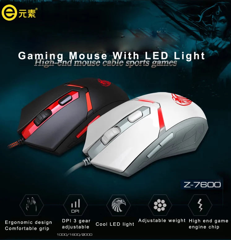 Mouse Gamer com Fio USB Recarregável Silencioso com Iluminação RGB